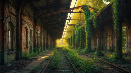 An atmospheric view of an abandoned train station, reclaimed by nature, with sunlight streaming through.の素材