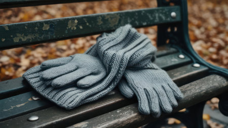 Close-up shot of a pair of gray knitted gloves casually placed on a weathered wooden park bench, surrounded by scattered autumn leaves.の素材