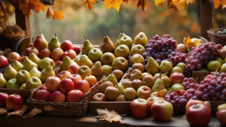 A vibrant and bountiful display of freshly harvested apples, pears, and grapes, arranged artfully on a rustic wooden surface, evoking the essence of autumns rich bounty.の素材