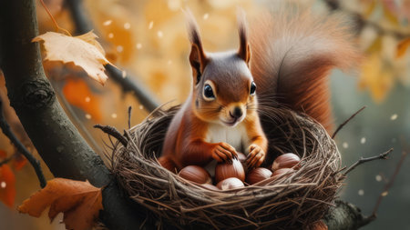 A charming red squirrel sits protectively in its nest, surrounded by a collection of acorns. The warm, golden light of autumn filters through the colorful leaves.の素材
