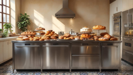 A wide array of freshly baked pastries and breads arranged on a large stainless steel kitchen counter, bathed in natural light.の素材