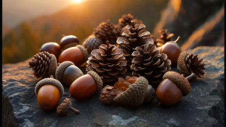 A close-up shot of acorns and pine cones resting on a textured rock surface, with a soft sunset glow in the background.の素材