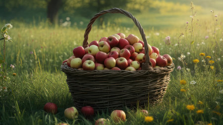 A rustic woven basket filled with a variety of ripe apples sits in a grassy field bathed in warm sunlight, with scattered wildflowers adding to the idyllic scene.の素材