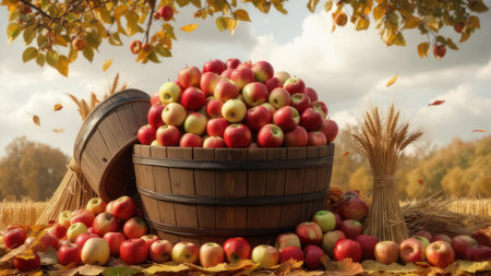 A rustic wooden barrel overflows with ripe red and green apples, surrounded by more fallen fruit and wheat stalks, evoking a bountiful autumn harvest.の素材