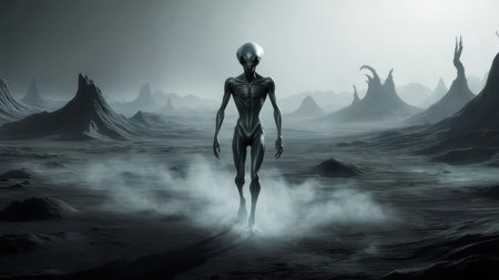 An alien figure strides across a desolate, fog-laden landscape, evoking a sense of mystery and otherworldly exploration.の素材