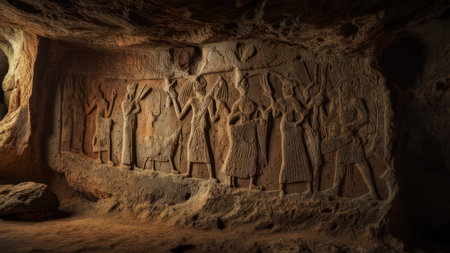 A detailed bas-relief sculpture on a stone wall inside a dimly lit ancient temple or cave depicting a procession of historical or religious figures.の素材
