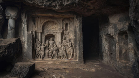 Explore the intricate carvings within the Ellora Caves, a UNESCO World Heritage site in India, showcasing ancient artistry and religious significance.の素材