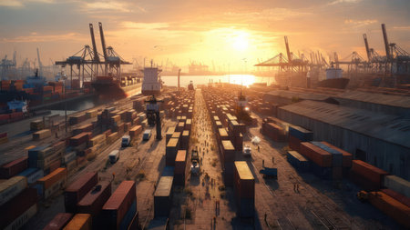 High-angle shot of a vibrant industrial port during golden hour, showcasing numerous shipping containers, large cranes, and trucks, with the sun setting over the water in the background.の素材