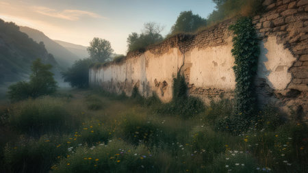 A long, weathered stone wall, partially covered in ivy, stands in a misty valley as the morning sun casts a warm glow upon its crumbling surface. Lush green foliage surrounds the historic structure, with distant hills shrouded in fog under a soft, clear sky.の素材