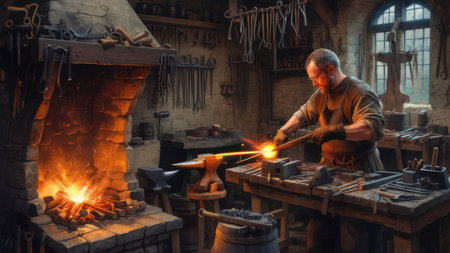 A skilled blacksmith hammers a glowing piece of hot metal on an anvil in a dimly lit, traditional workshop filled with tools and a roaring forge fire.の素材