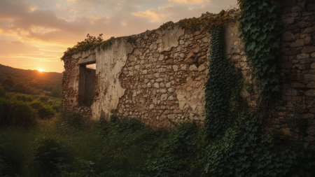 A weathered stone ruin stands against a vibrant sunset, with golden light illuminating the sky and surrounding hills. Ivy clings to the crumbling walls, adding to the historic and natural beauty of the scene.の素材