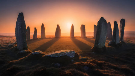 A breathtaking view of an ancient stone circle silhouetted against a vibrant sunset sky, with long shadows cast by the setting sun creating a dramatic and mystical atmosphere.の素材