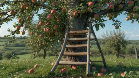 A wooden ladder leans against a mature apple tree laden with ripe red apples, with fallen fruit scattered on the grassy ground below.の素材