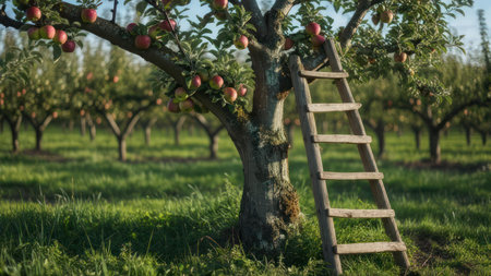 An apple tree with a ladder in an orchard. The tree is full of apples, and the ladder is leaning against it. The orchard is in the background.の素材