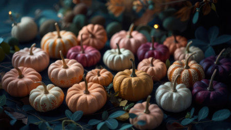 A vibrant collection of small pumpkins in shades of orange, white, and deep red, scattered amongst dark foliage, creating a festive autumn display.の素材