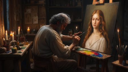 An old artist with gray hair is meticulously painting a portrait of a young woman with long red hair. The studio is illuminated by the warm glow of several candles, creating a classic and intimate atmosphere.の素材