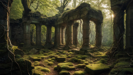 Atmospheric image of ancient temple ruins overtaken by lush jungle vegetation, with moss-covered stones and pillars bathed in soft, diffused light.の素材