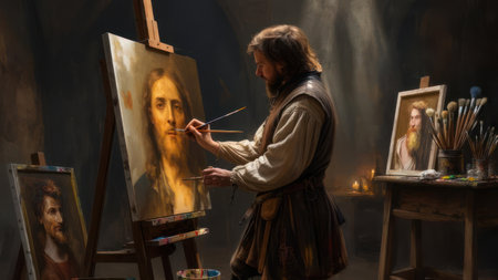 A painter meticulously works on a portrait, surrounded by art supplies and other paintings, capturing the essence of the subject.の素材