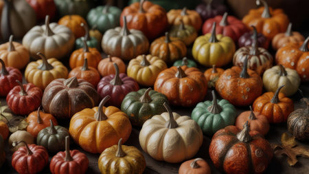 A vibrant collection of pumpkins in various sizes and colors, perfect for fall decorations and seasonal celebrations.の素材