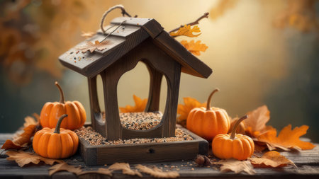 A charming autumn scene featuring a wooden bird feeder filled with seeds, surrounded by small orange pumpkins and colorful fall leaves on a rustic wooden surface, with a warm, blurred background.の素材