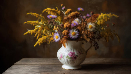 A beautiful still life arrangement featuring a bouquet of colorful autumn asters and goldenrod flowers in a decorative vintage vase, set against a dark, textured background.の素材