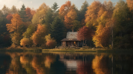 A picturesque cabin nestled beside a tranquil lake, surrounded by vibrant autumn foliage. The scene reflects beautifully in the water, creating a peaceful and inviting atmosphere.の素材