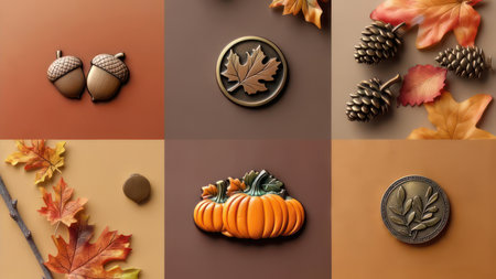 A curated collection of charming autumn themed decorative embellishments including acorns pumpkins pinecones and fall leavesの素材