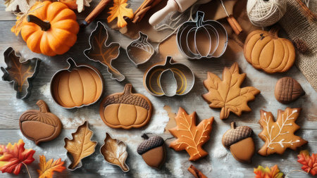 A delightful arrangement of autumn-themed cookies, pumpkins, and fall foliage, capturing the essence of the harvest seasons warmth and abundance.の素材
