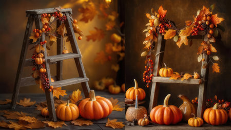 A vibrant autumn scene featuring various sizes of orange pumpkins arranged around rustic wooden ladders adorned with colorful fall leaves and berries, creating a warm and inviting seasonal display.の素材