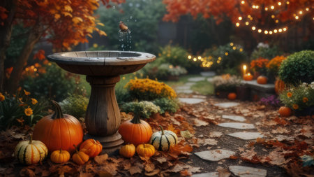 A serene autumn garden featuring pumpkins, a birdbath, and colorful foliage, creating a warm and inviting seasonal atmosphere.の素材