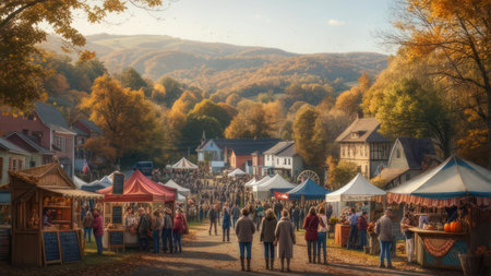 A bustling autumn festival in a charming mountain town, filled with colorful tents, lively crowds, and the warm hues of fall foliage.の素材