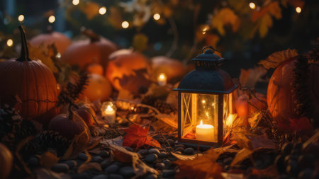 A warm and inviting autumn scene featuring a collection of pumpkins and fallen leaves illuminated by a glowing lantern and string lights.の素材