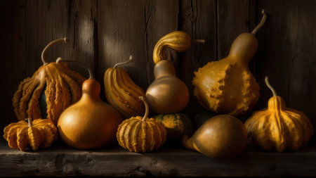 A rustic still life arrangement of various colorful gourds and pumpkins on a wooden surface with a dark wooden background.の素材