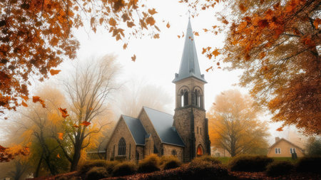 A picturesque church with a tall steeple stands amidst a vibrant display of autumn leaves and trees, creating a serene and colorful scene.の素材