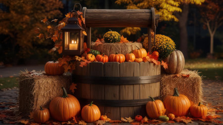 A charming autumn scene featuring a rustic wooden well adorned with an abundance of vibrant orange pumpkins, gourds, and fall foliage. A glowing lantern adds a warm, inviting ambiance to the festive harvest display, set against a backdrop of colorful autumn trees.の素材
