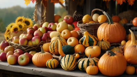 A vibrant autumn harvest scene featuring a variety of pumpkins, gourds, apples, and sunflowers, arranged on a rustic wooden surface.の素材