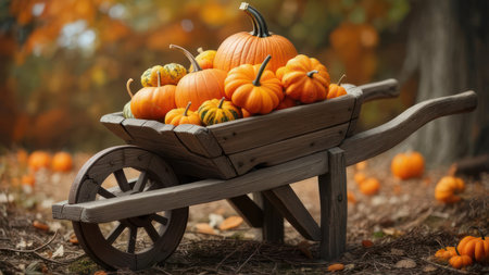 A charming rustic wooden wheelbarrow overflowing with a vibrant assortment of orange pumpkins and colorful gourds, set against a blurred autumn forest background.の素材
