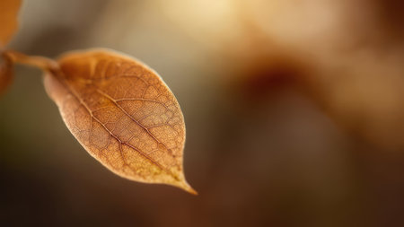 A detailed close-up of an autumn leaf, highlighting its intricate veins and the warm, soft light illuminating its surface.の素材