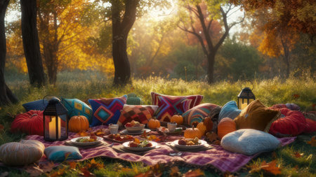 A beautiful autumn picnic setup with colorful pillows, food, and lanterns in a sunlit forest.の素材