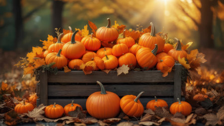 A rustic wooden crate overflowing with vibrant orange pumpkins and colorful autumn leaves, evoking a warm harvest season atmosphere.の素材
