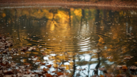 Close-up of a forest pond surface with fallen autumn leaves and colorful tree reflections creating ripples.の素材