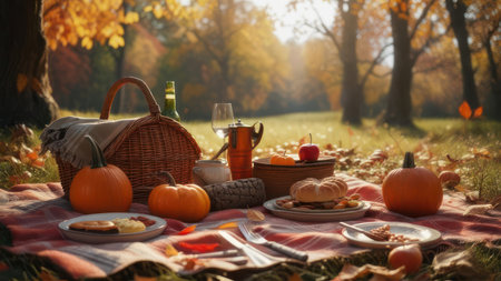 A cozy autumn picnic set up on a checkered blanket in a park, featuring a picnic basket, food, drinks, and decorative pumpkins amidst vibrant fall leaves and golden sunlight.の素材