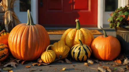A festive display of various pumpkins and gourds arranged on outdoor steps, adorned with fallen leaves, evoking a warm autumn atmosphere.の素材