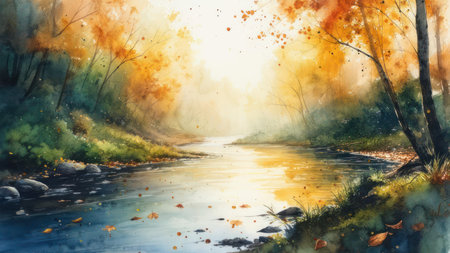A serene watercolor painting capturing the beauty of an autumn river landscape with colorful foliage and shimmering reflections on the water.の素材