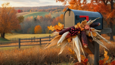 A rural mailbox adorned with corn and fall foliage, set against a picturesque autumn landscape with rolling hills and a rustic fence.の素材