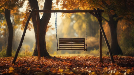 A tranquil scene of an empty wooden swing hanging amidst a forest bathed in the warm hues of autumn, with fallen leaves scattered on the ground.の素材