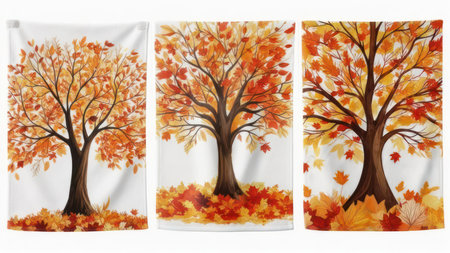 A set of three tapestries featuring autumn trees with vibrant orange and red leaves, perfect for seasonal decor.の素材