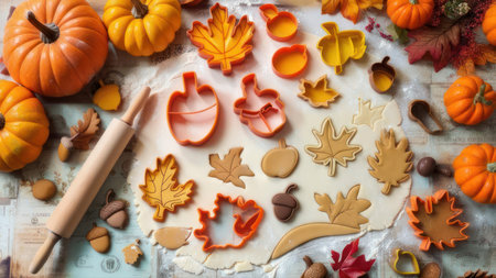 A vibrant autumn scene featuring pumpkins, leaf-shaped cookies, and various cookie cutters, perfect for fall baking.の素材