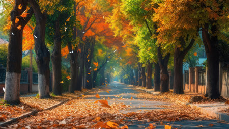 A picturesque avenue adorned with trees displaying vibrant autumn colors, creating a stunning natural tunnel. Fallen leaves carpet the road, enhancing the seasonal charm.の素材