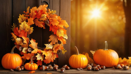A vibrant autumn scene featuring pumpkins, a colorful wreath, and scattered acorns, all bathed in warm, inviting sunlight. A celebration of falls beauty.の素材